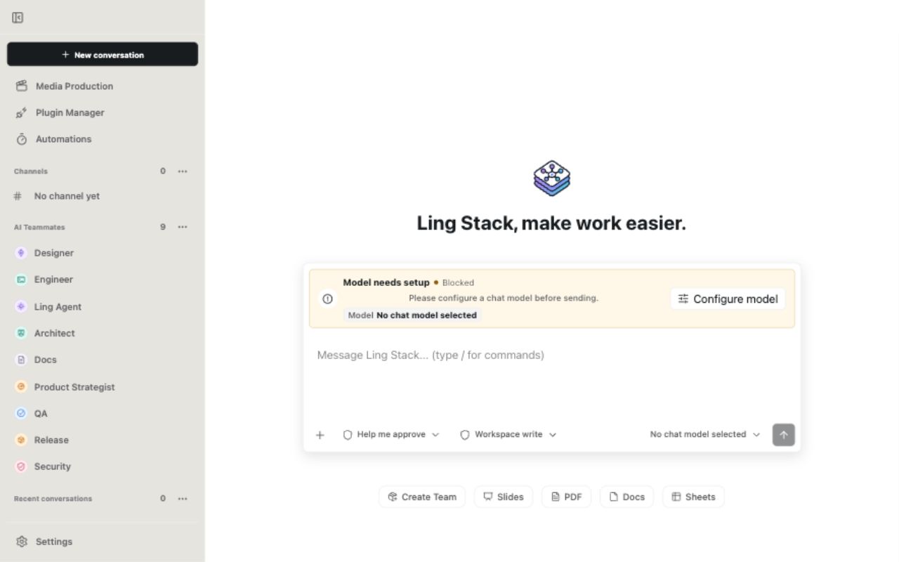 Ling Stack English homepage in a fresh workspace