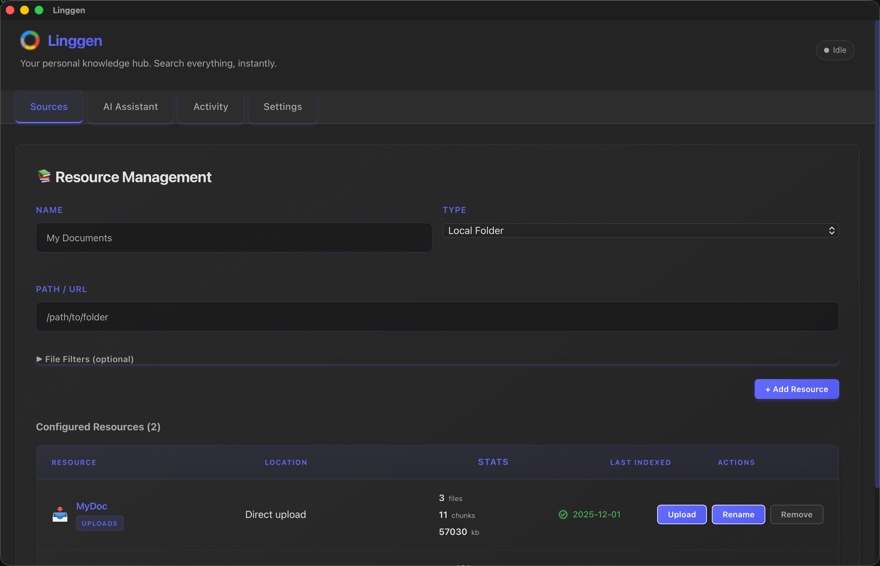 Linggen app – Sources view