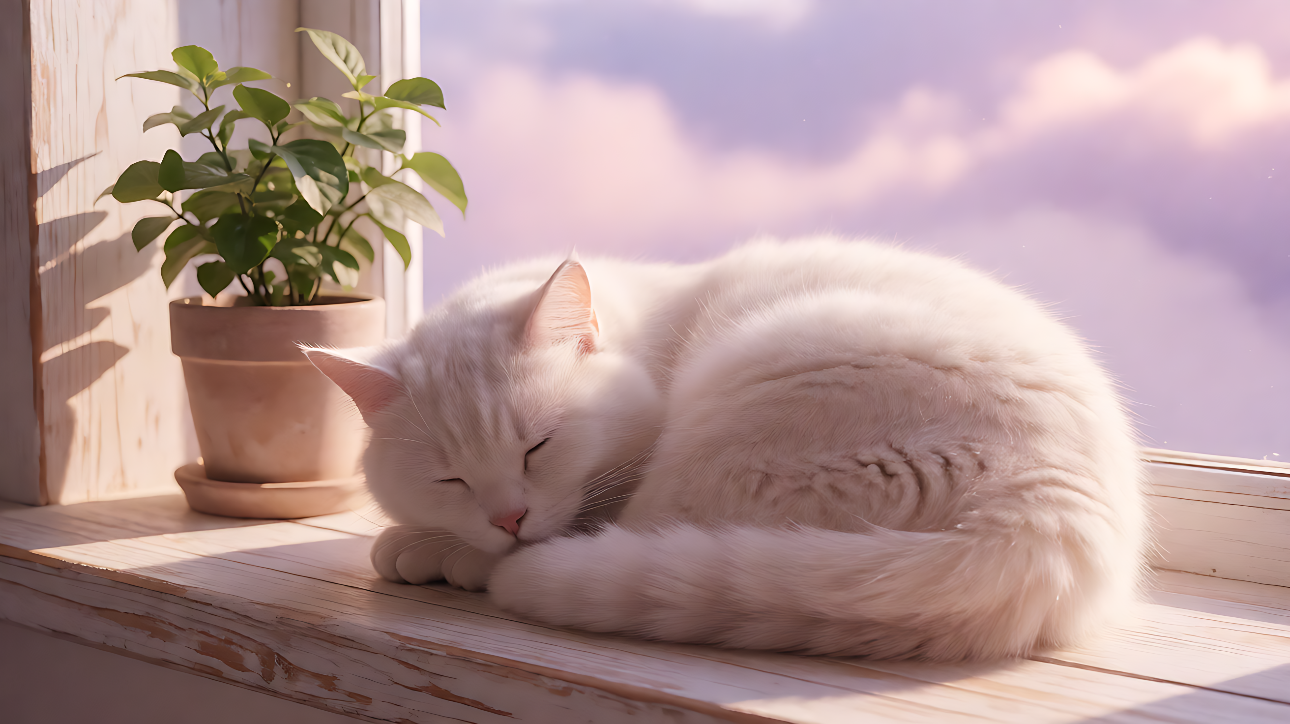 a white cat asleep on a sunlit windowsill