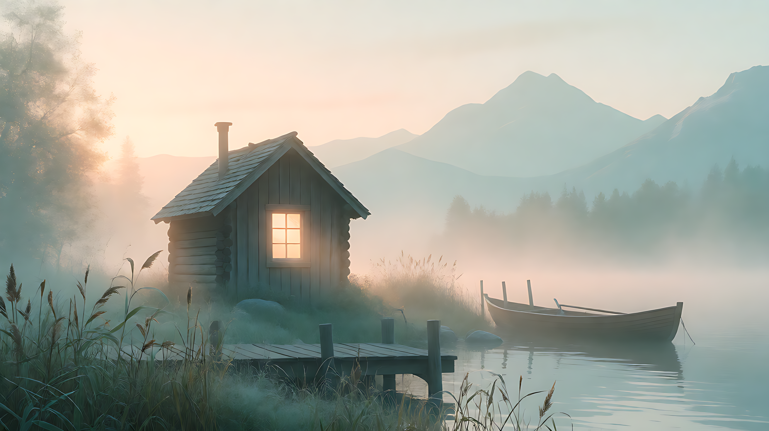 a cabin with a lit window on a misty lake