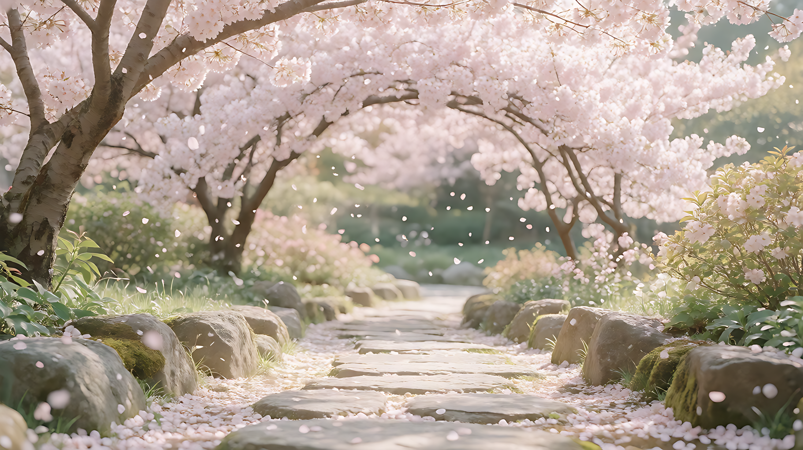 a stone path under blooming cherry trees