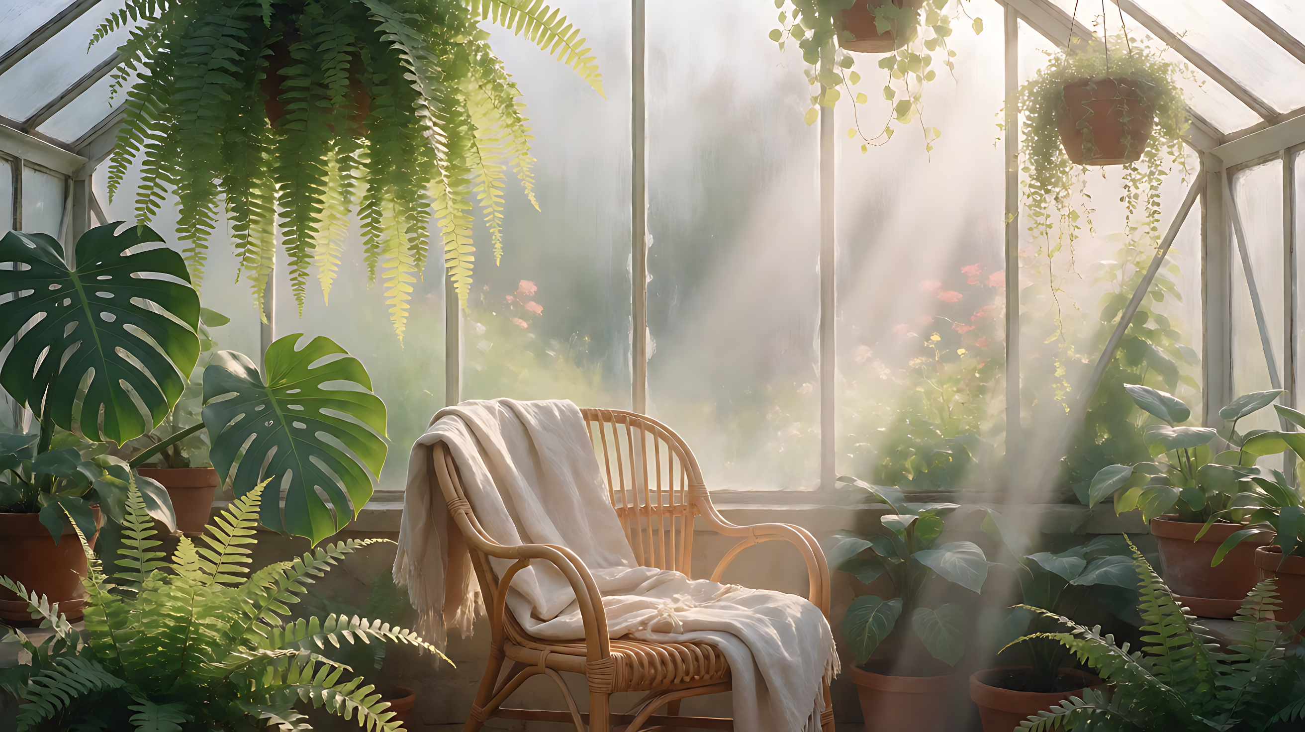 a rattan chair inside a plant-filled greenhouse