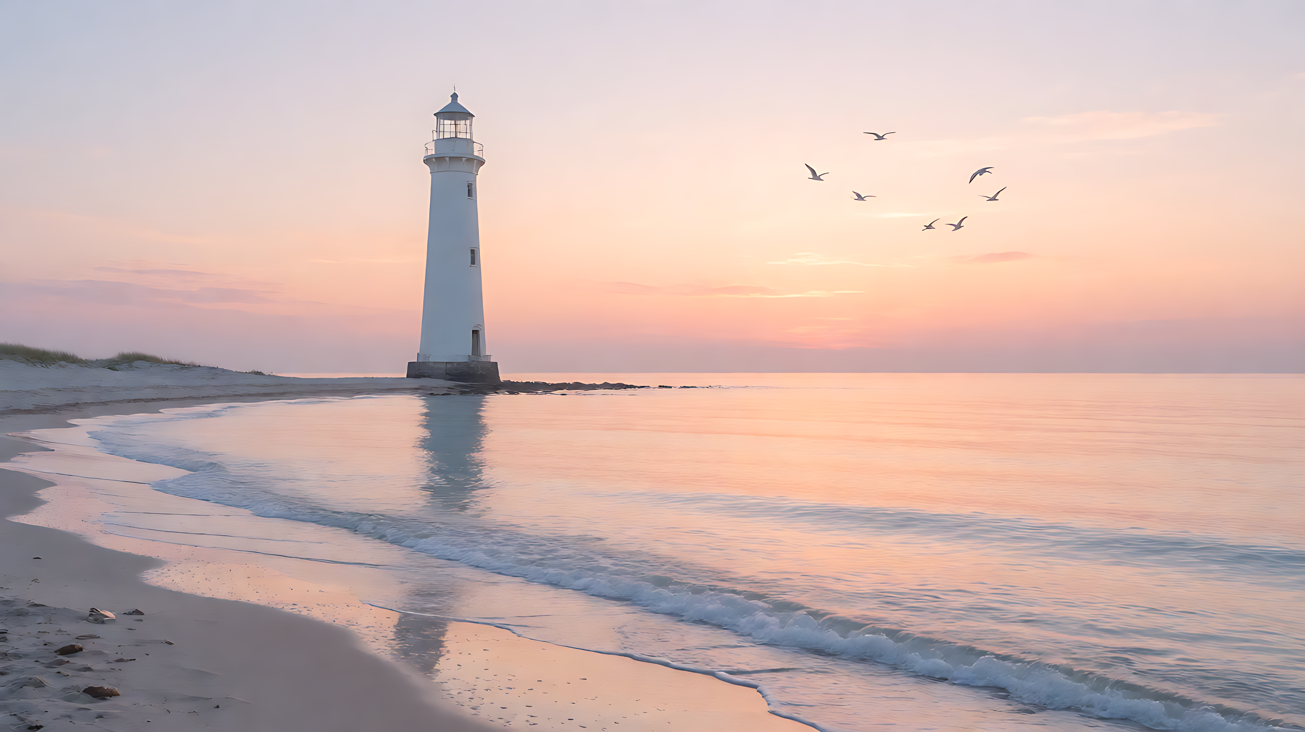 a white lighthouse on a pastel shoreline