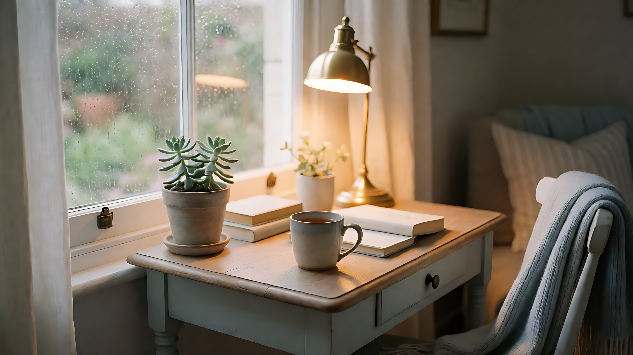 a desk with a lamp and tea by a rainy window