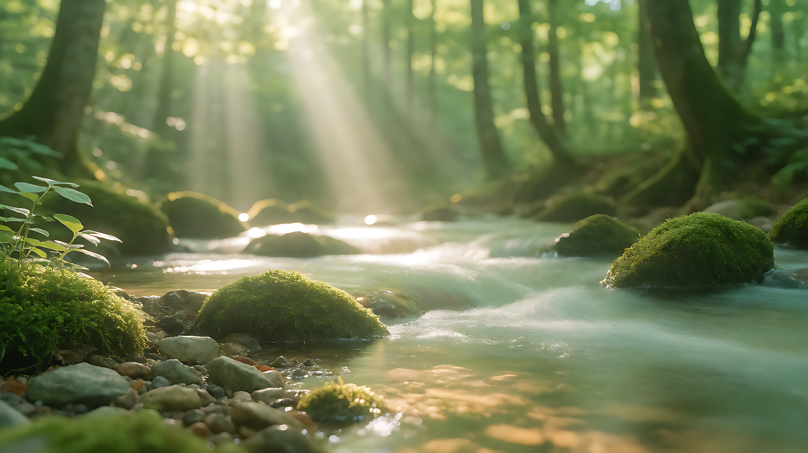 sunbeams over a mossy forest stream