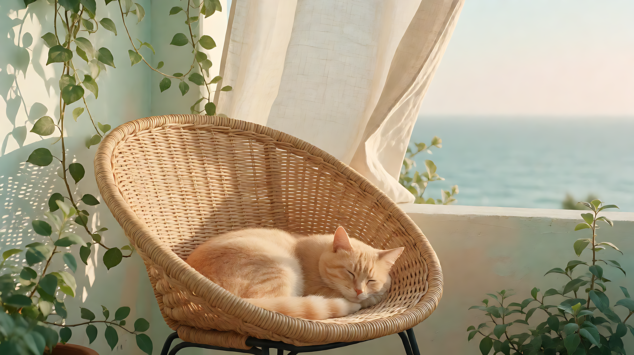 a ginger cat sleeping on a balcony chair