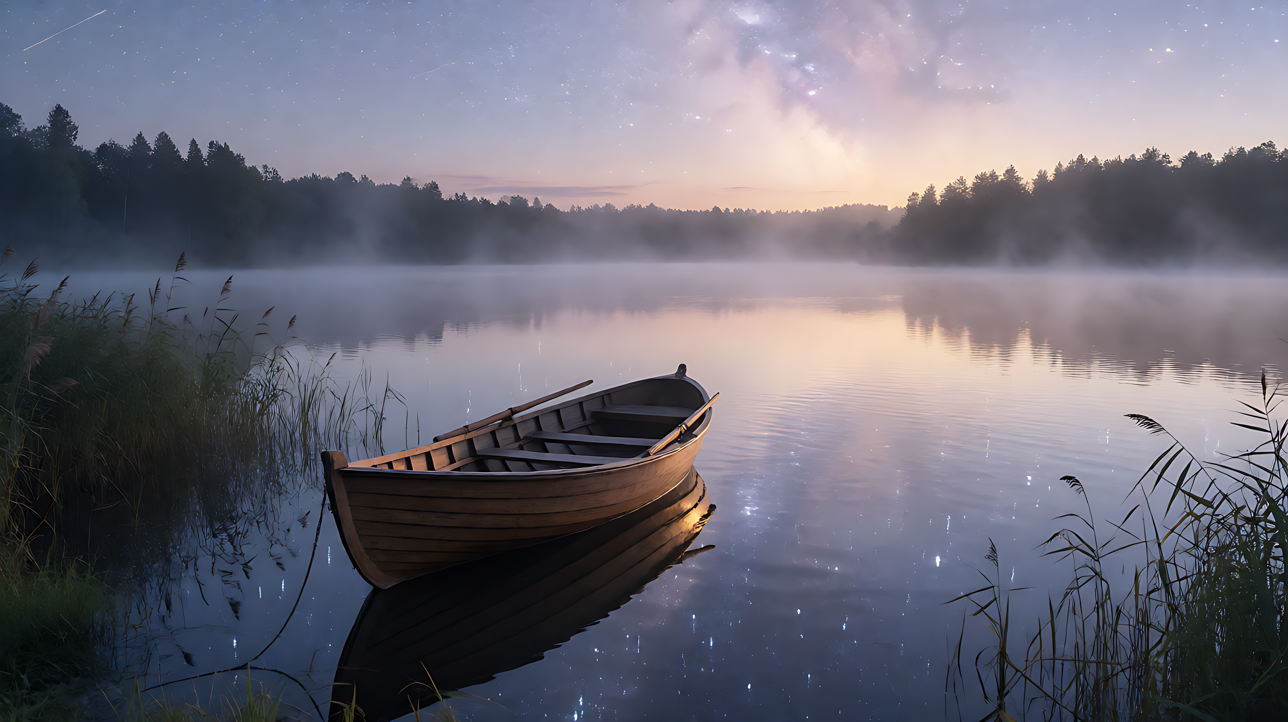 a rowboat on a misty lake under the stars