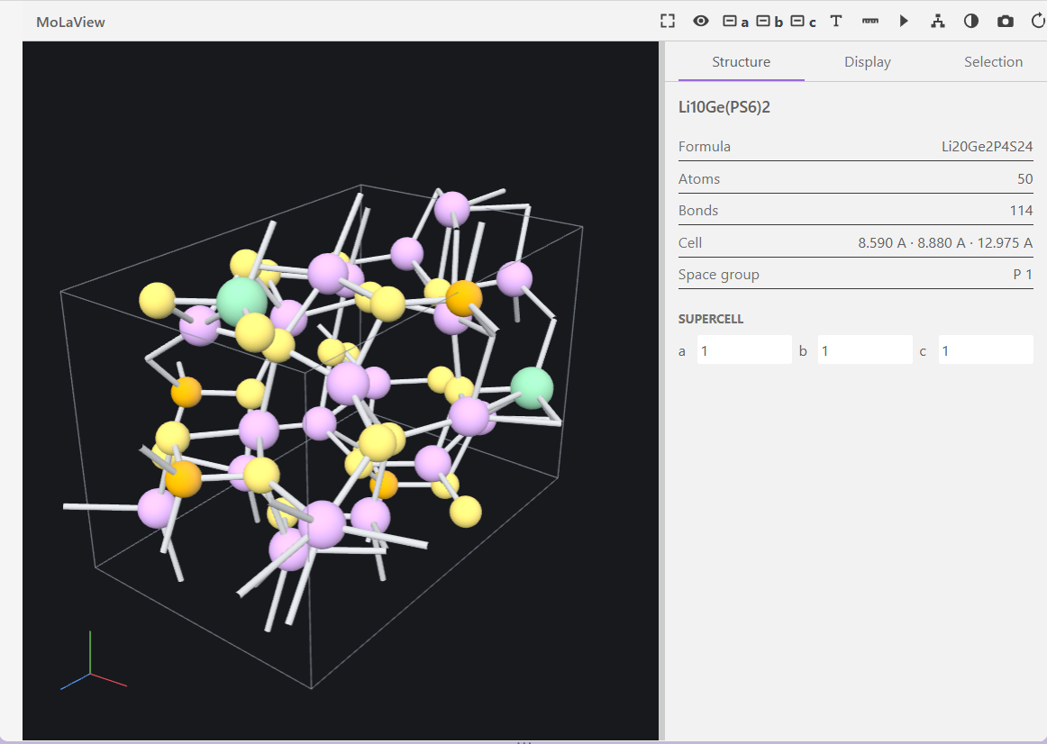 MoLaView viewing a crystal structure in a VS Code editor tab