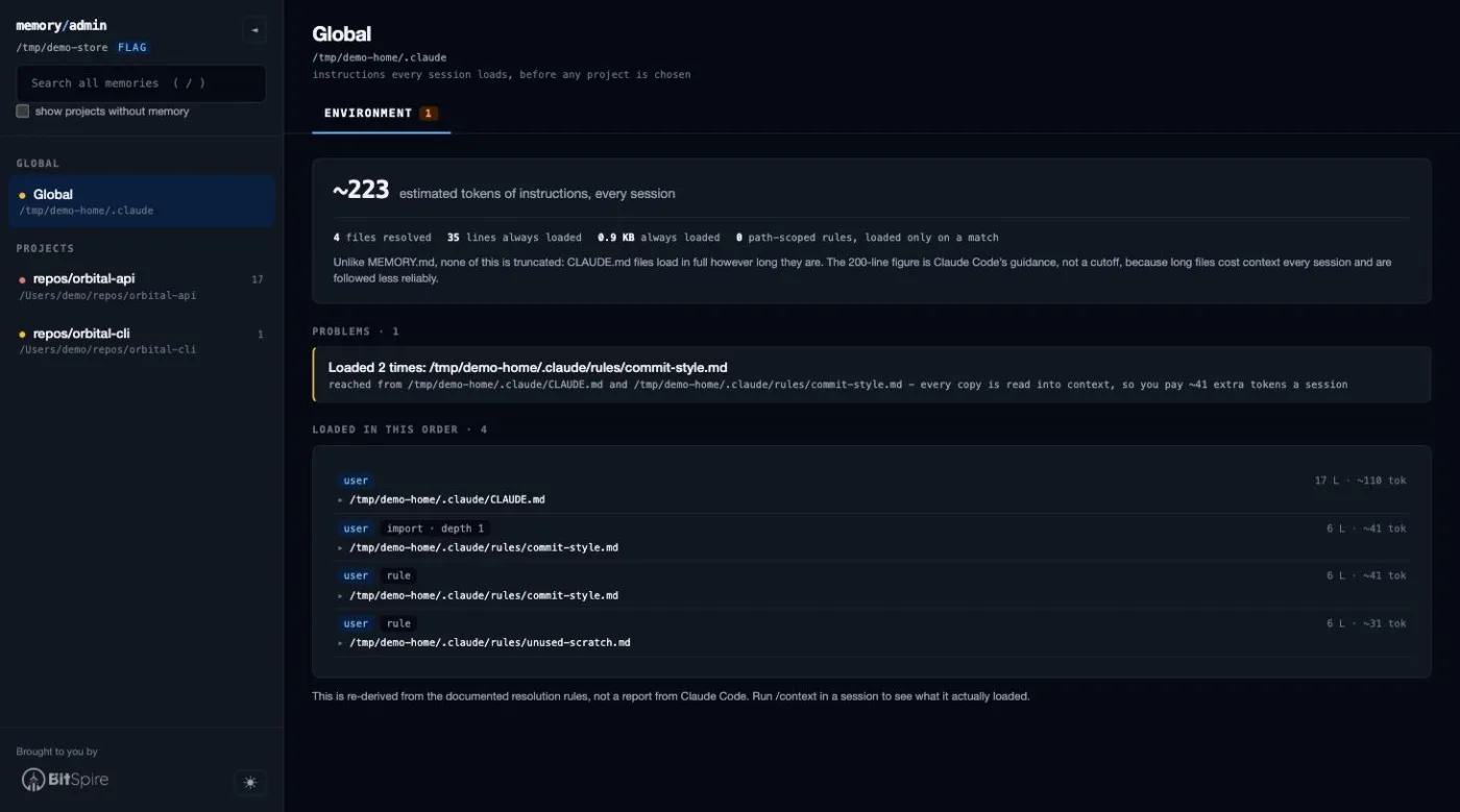 The Global entry, whose only tab is Environment, showing the estimated token cost of the user-scope instruction files, a rule file reached twice through both an import and the rules directory so its tokens are paid for twice, and the order the files load in