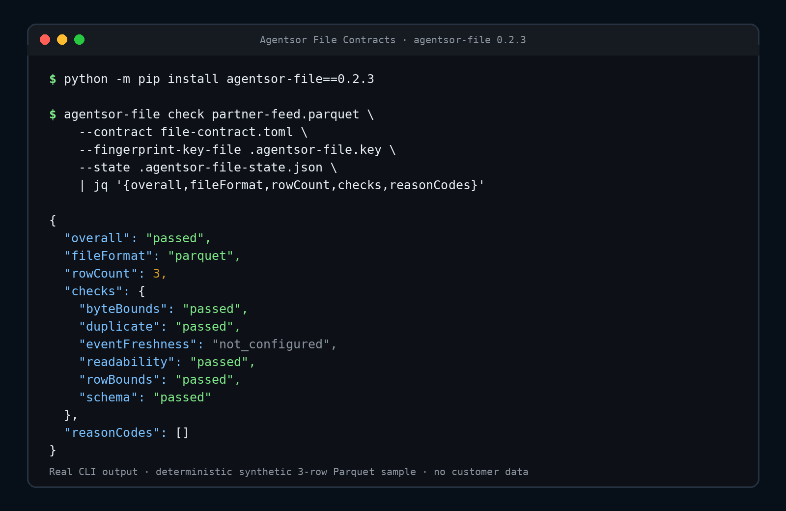 Agentsor File Contracts checking a synthetic Parquet partner feed