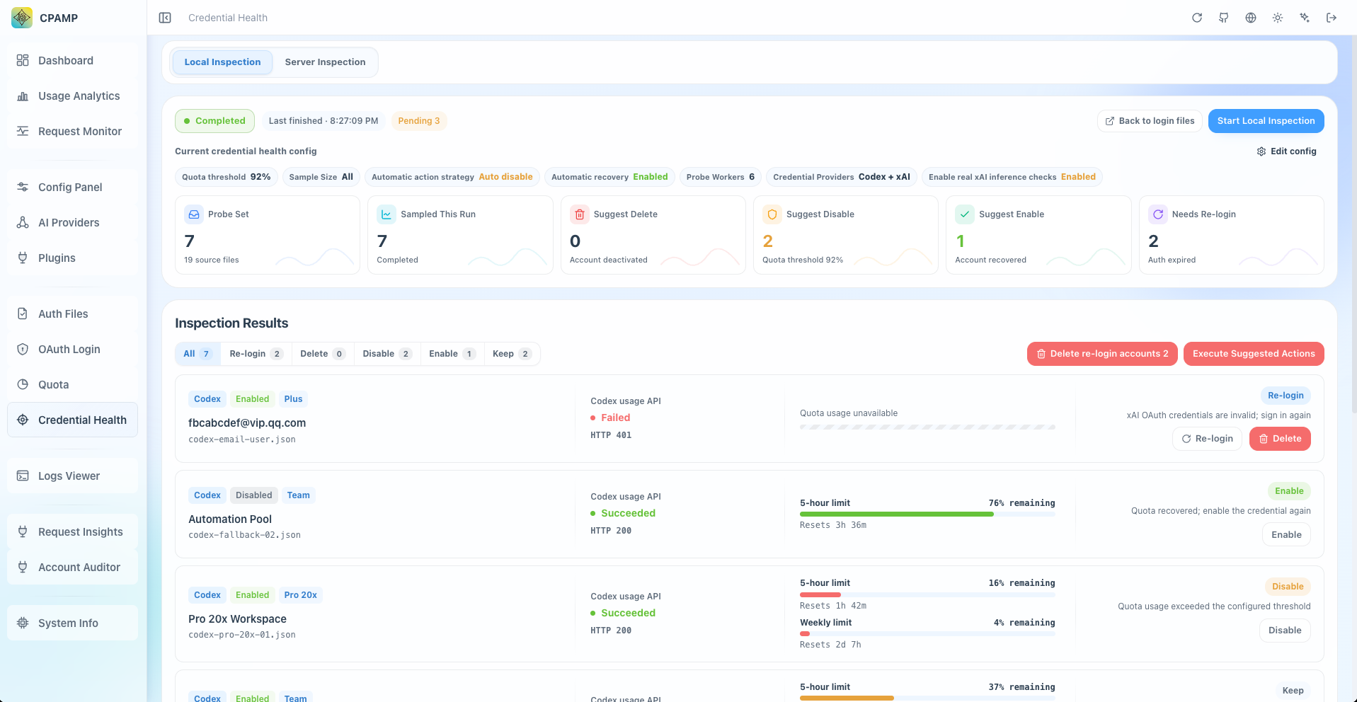 Codex and xAI account inspection and quota health