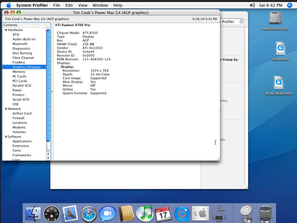 System Profiler in the emulated Mac reporting an ATI Radeon 9700 Pro, with Quartz Extreme and Core Image supported