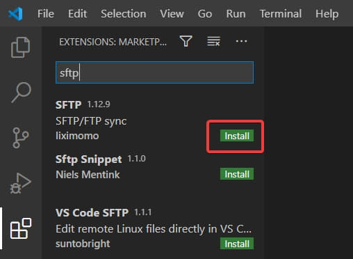 search for sftp extension vscode