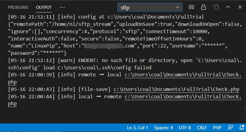 VSCode SFTP terminal output