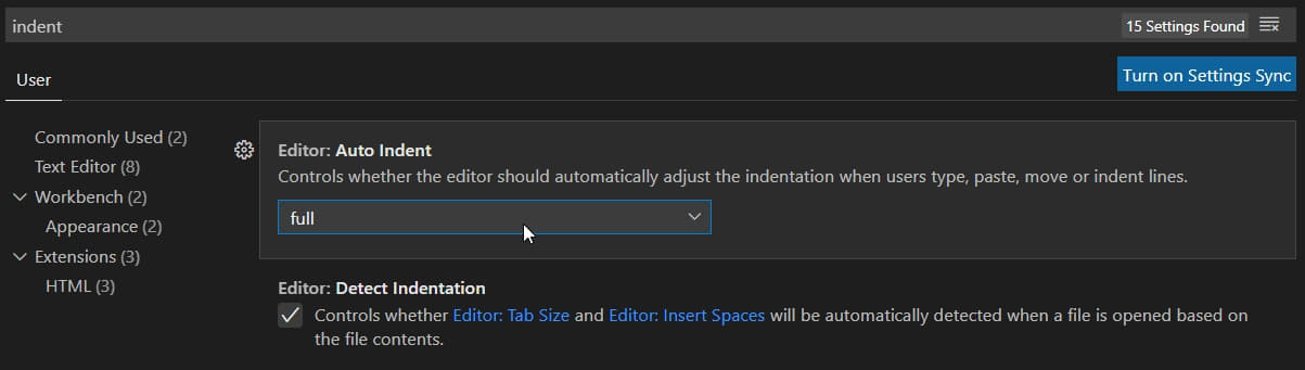 visual studio code auto indent