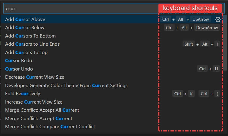 VSCode Command Palette also shows keyboard shortcuts