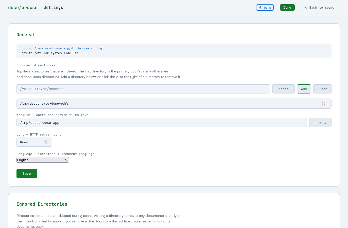 Settings page
