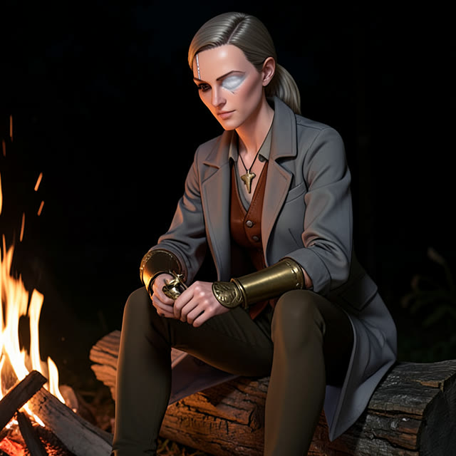 “sitting by a campfire, cleaning her gauntlet, low angle”