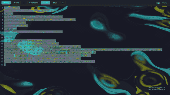 A Strudel pattern with its piano roll fed into a Hydra shader, then Stage mode taking the whole frame