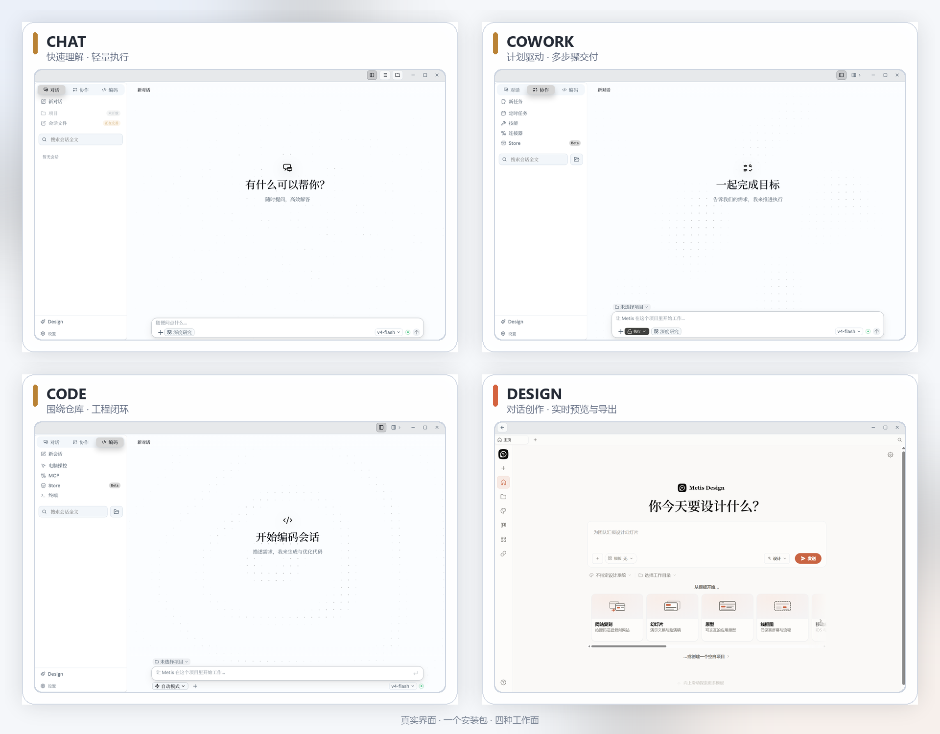 Metis Chat、Cowork、Code 与 Design 实机界面