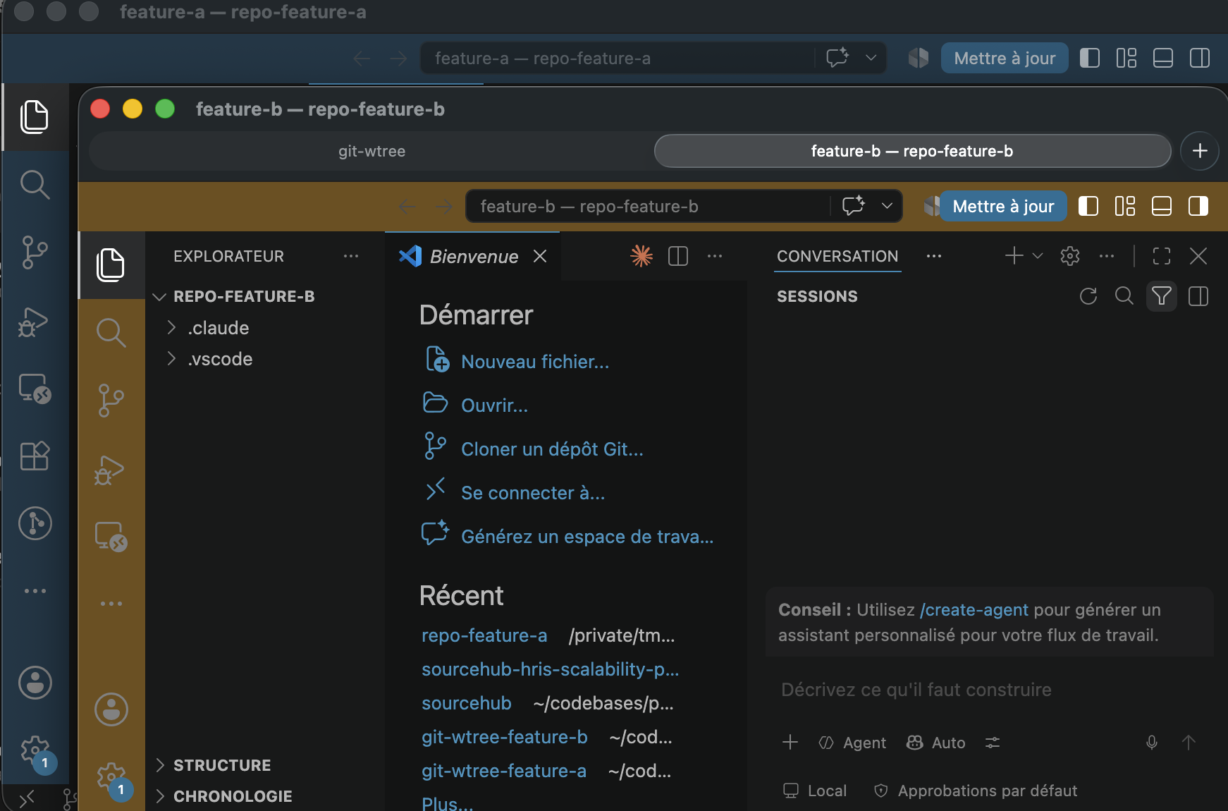 Two VS Code windows, one with a slate title bar and one amber, each showing its
own worktree and branch