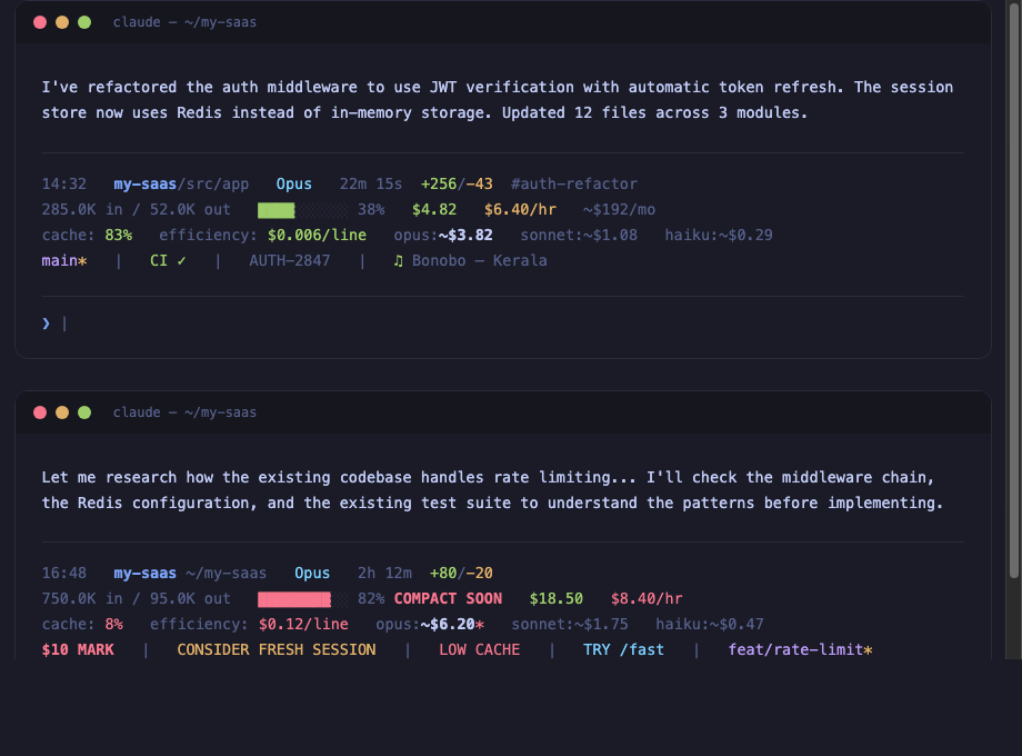 claudetop in action — healthy session (top) vs problem session (bottom)