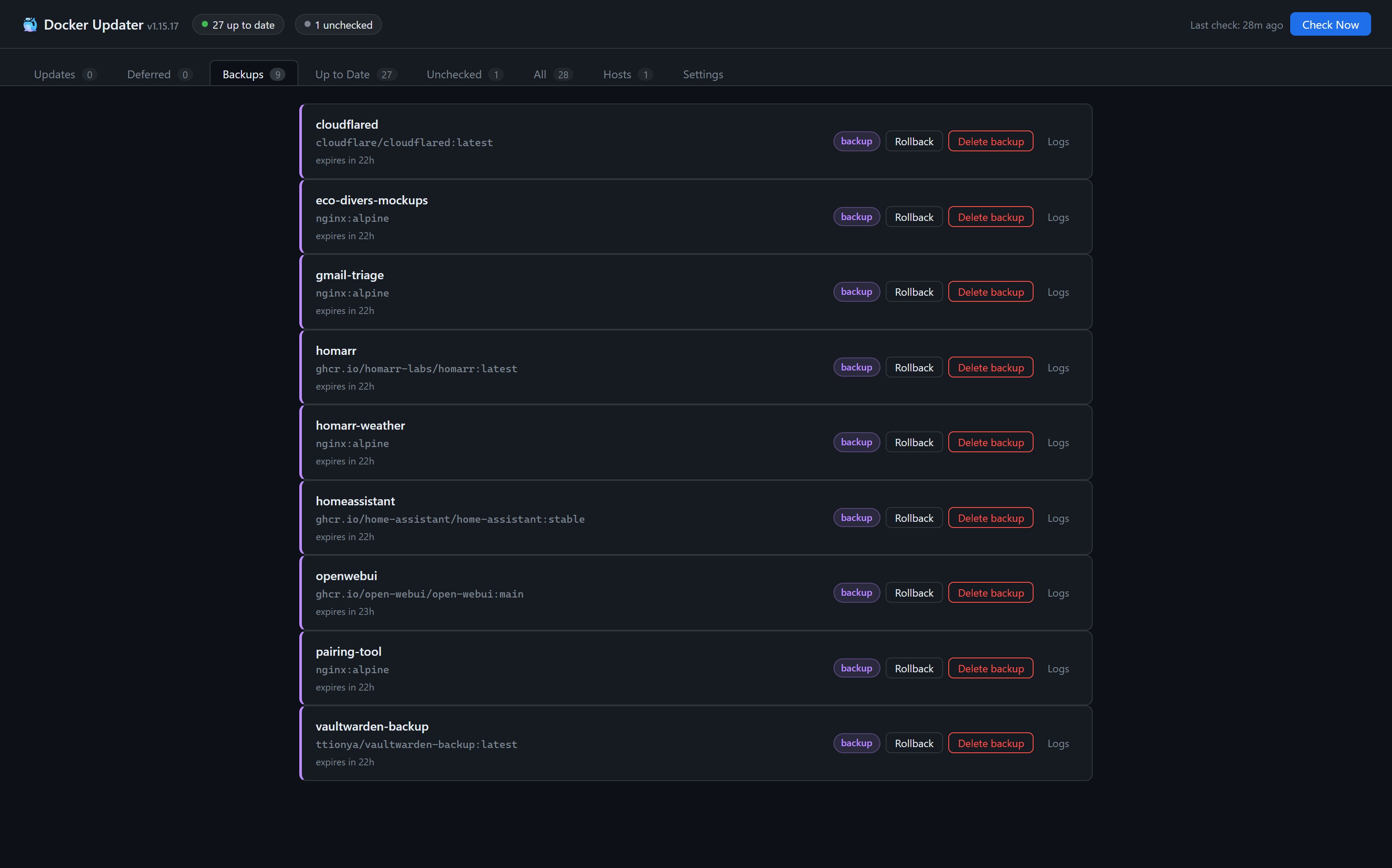 Backups tab — kept rollback points with one-click rollback or delete