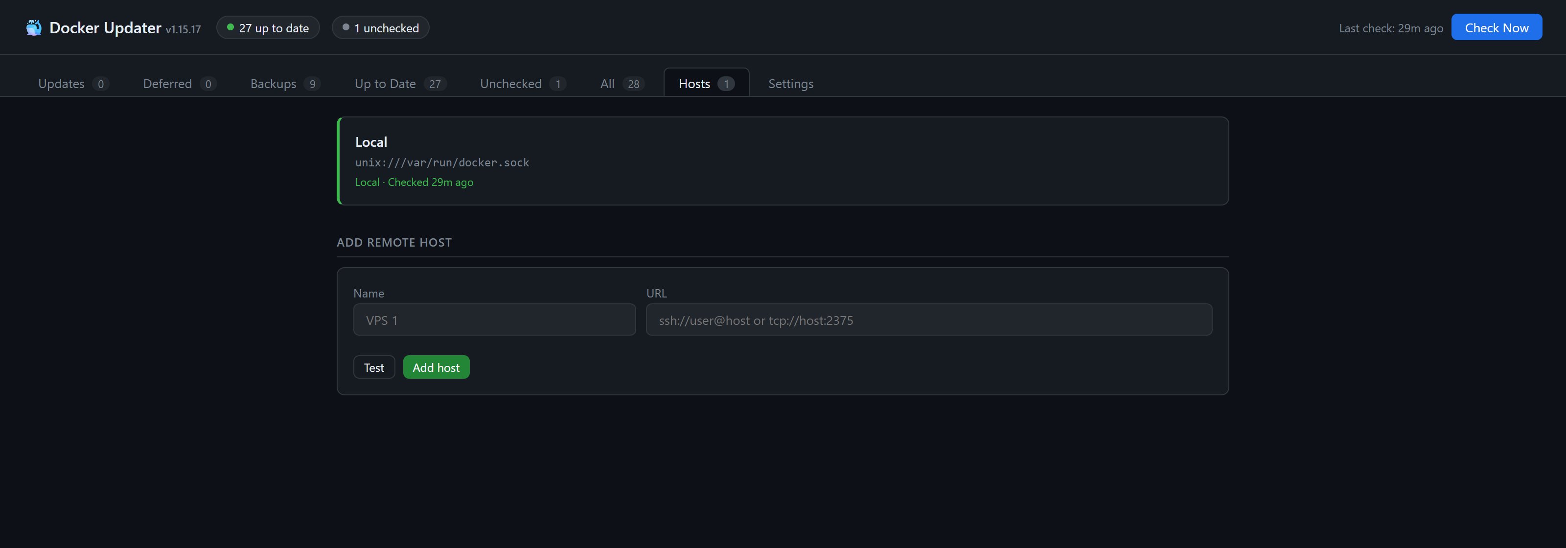 Hosts tab — local and remote Docker host management