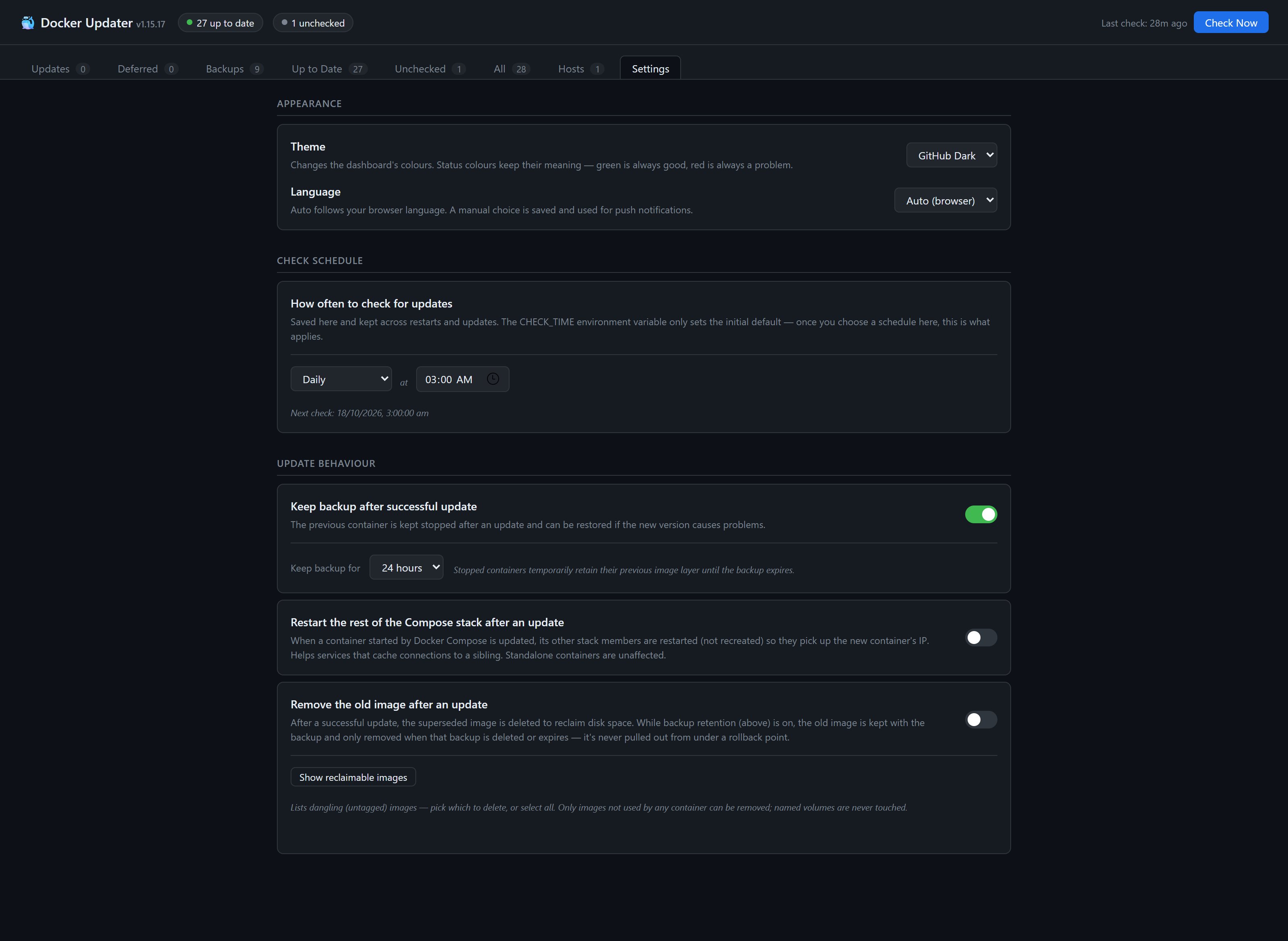 Settings tab — backup retention toggle and window