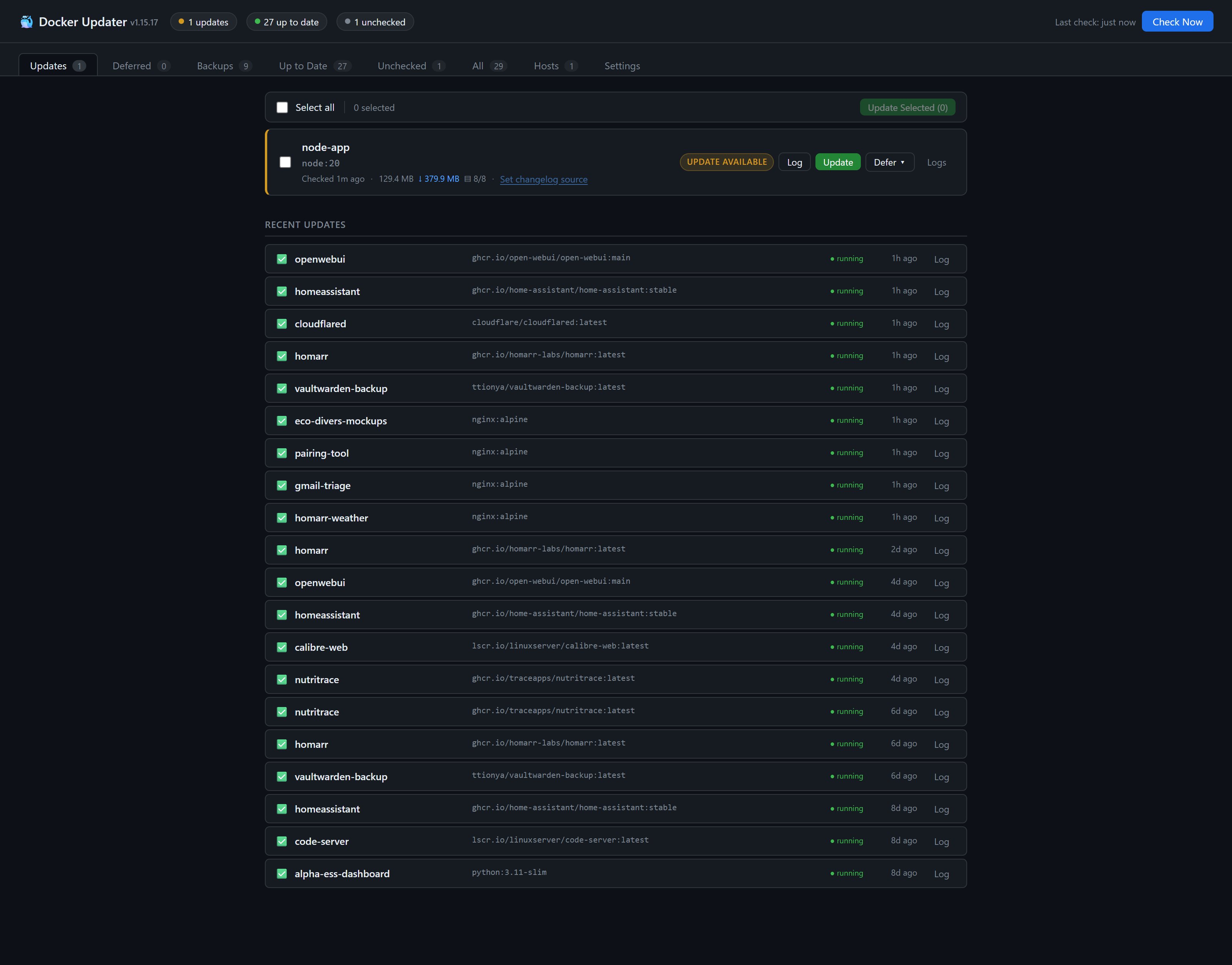 Updates tab — pending updates with bulk select and recent-update history