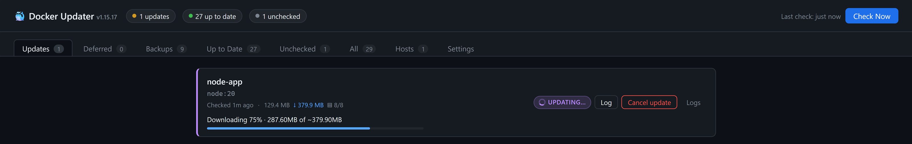 A container mid-update — live download progress on its card