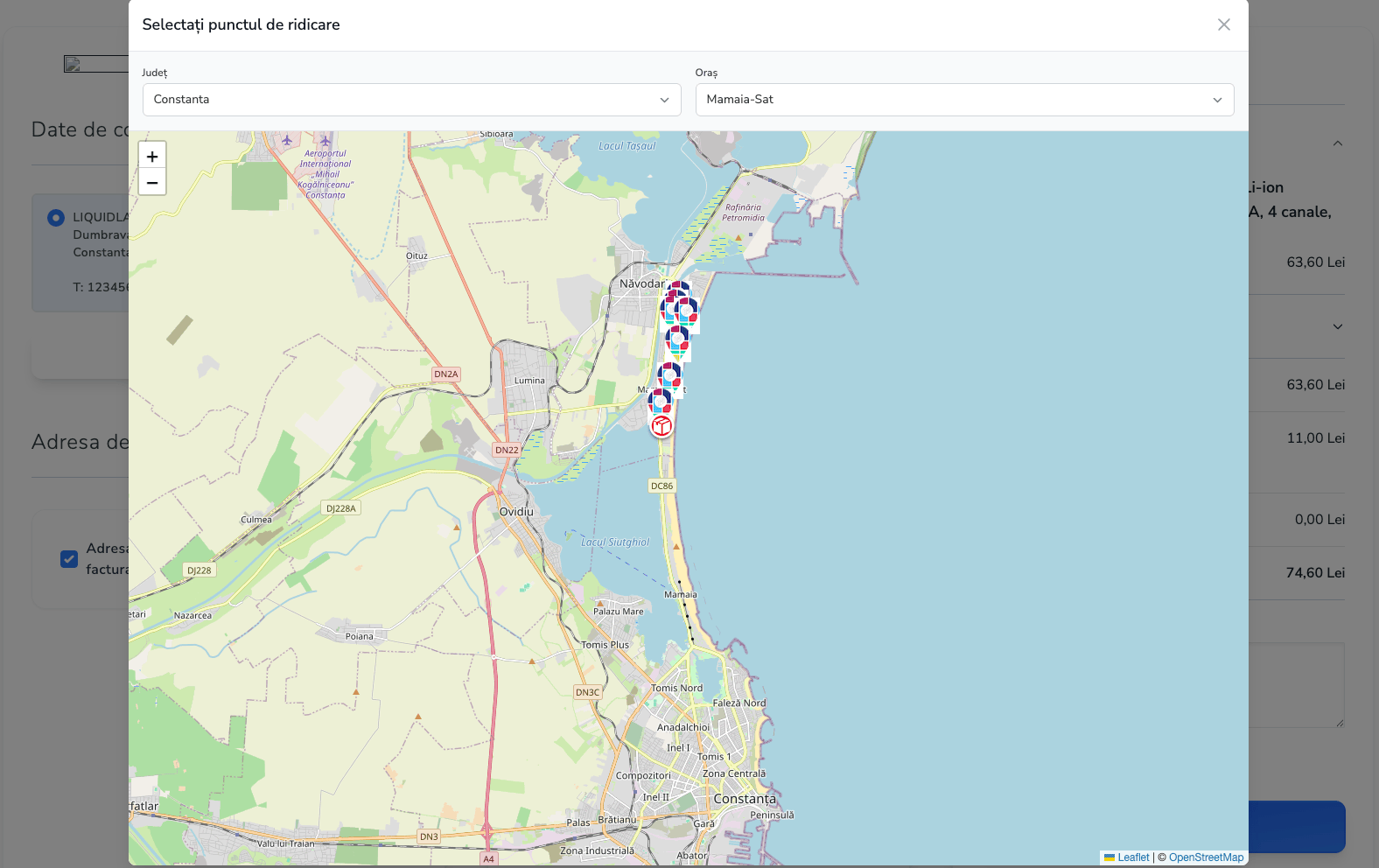 Picker modal with county/city filters and pickup-point markers