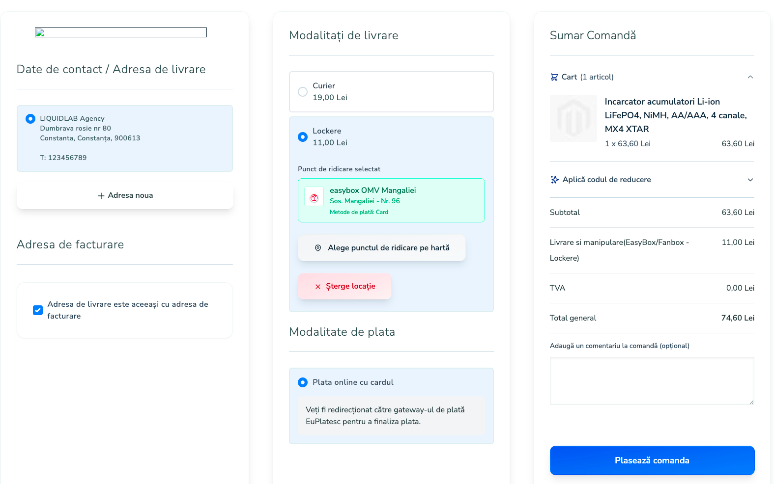 Selected PUDO displayed in checkout — name, address, payment methods, clear button