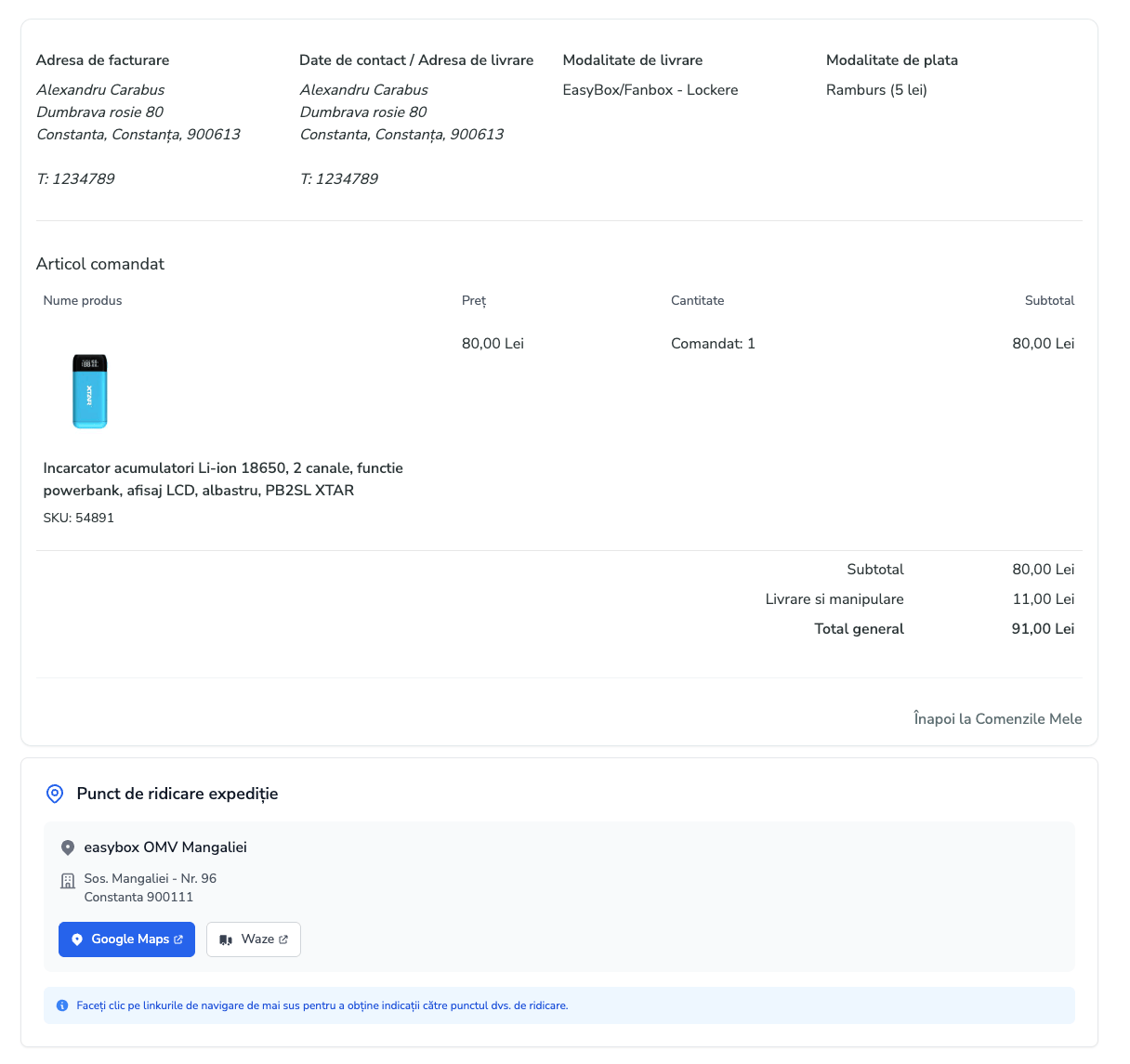 Customer order view — pickup point summary with Google Maps and Waze deep links