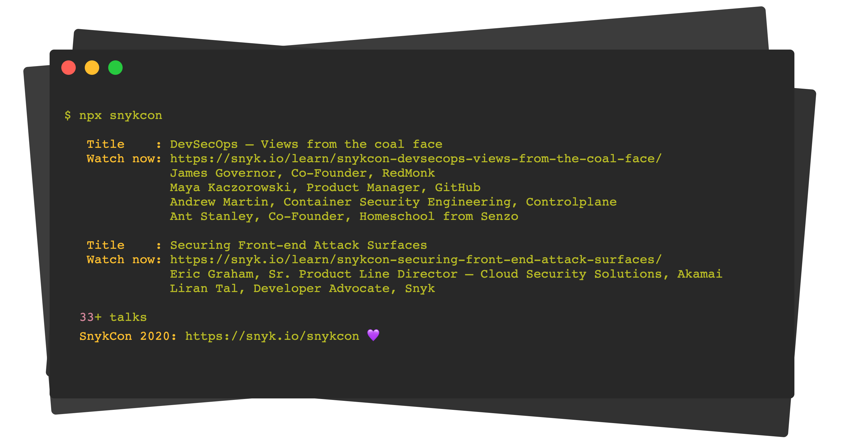 Screenshot of SnykCon -  A CLI for Snyk's SnykCon 2020 DevSecOps and Developer-first security conference