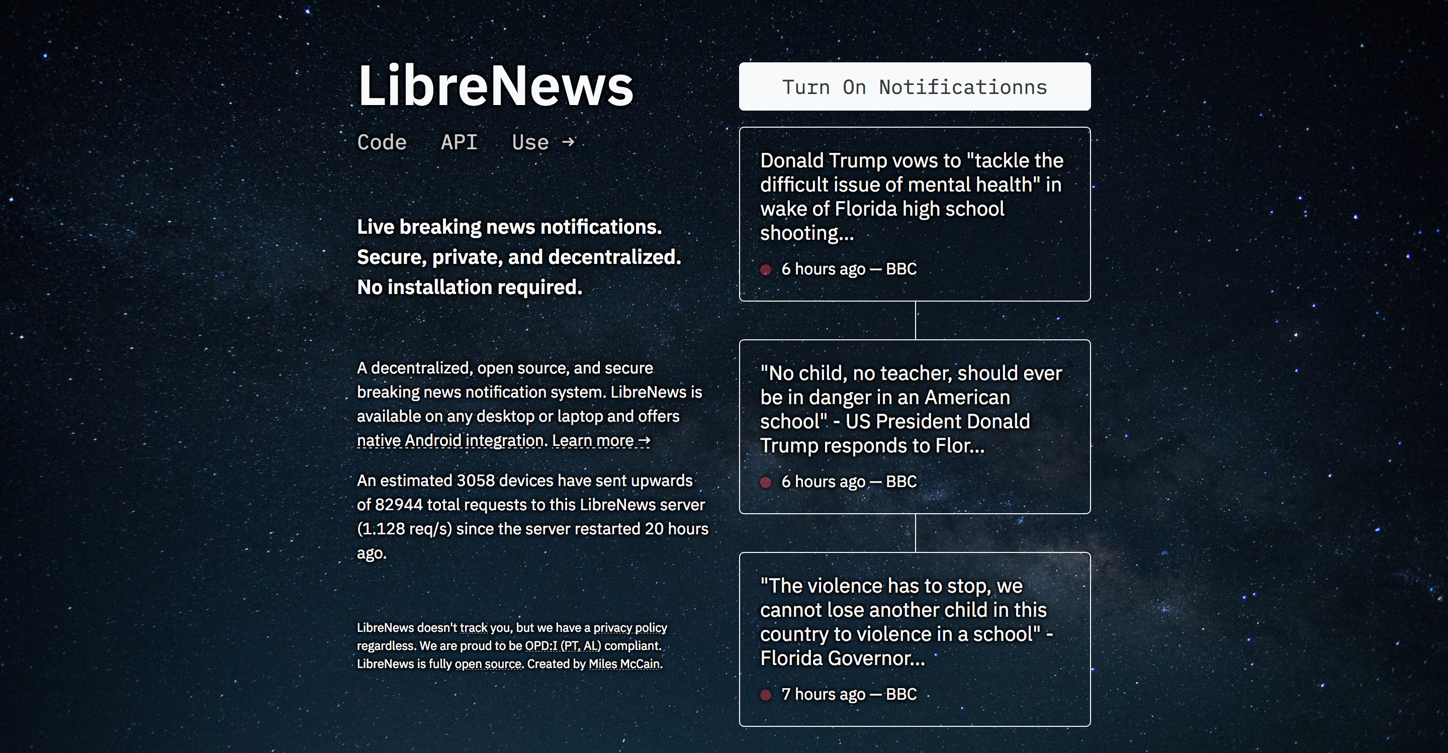 The web interface of LibreNews