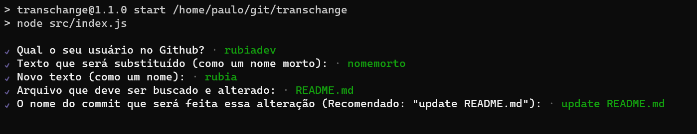 Print do terminal interativo da aplicação transchange com todas as perguntas