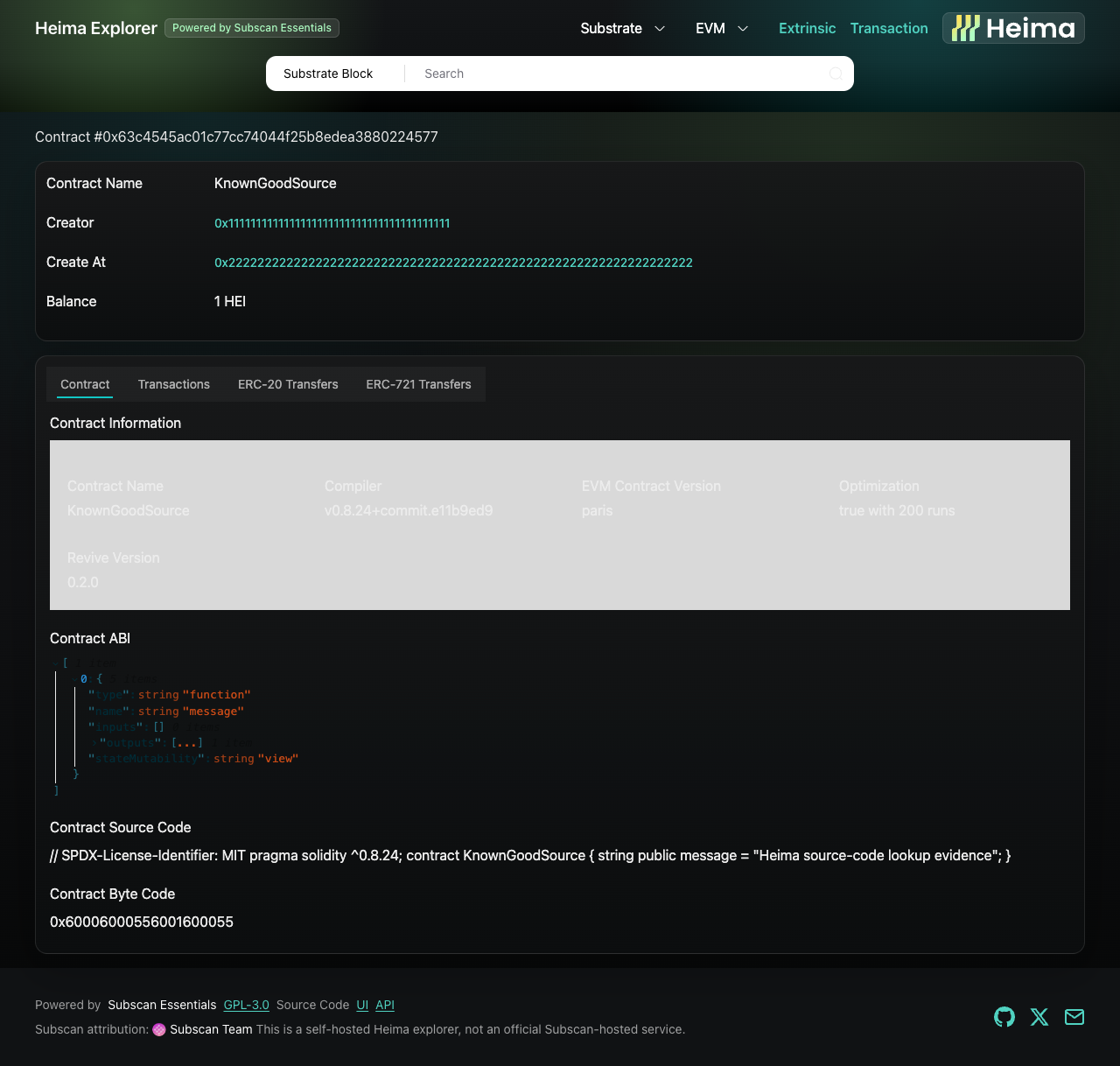 Heima Explorer verified contract source-code display evidence