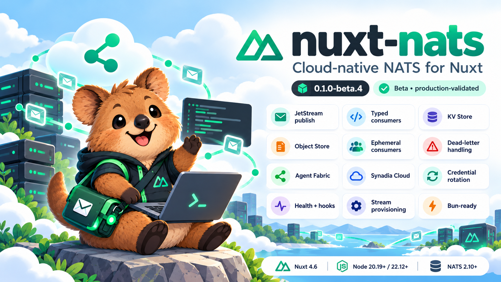 Nuxt NATS cloud messaging banner with JetStream, typed consumers, Synadia Cloud, and credential rotation