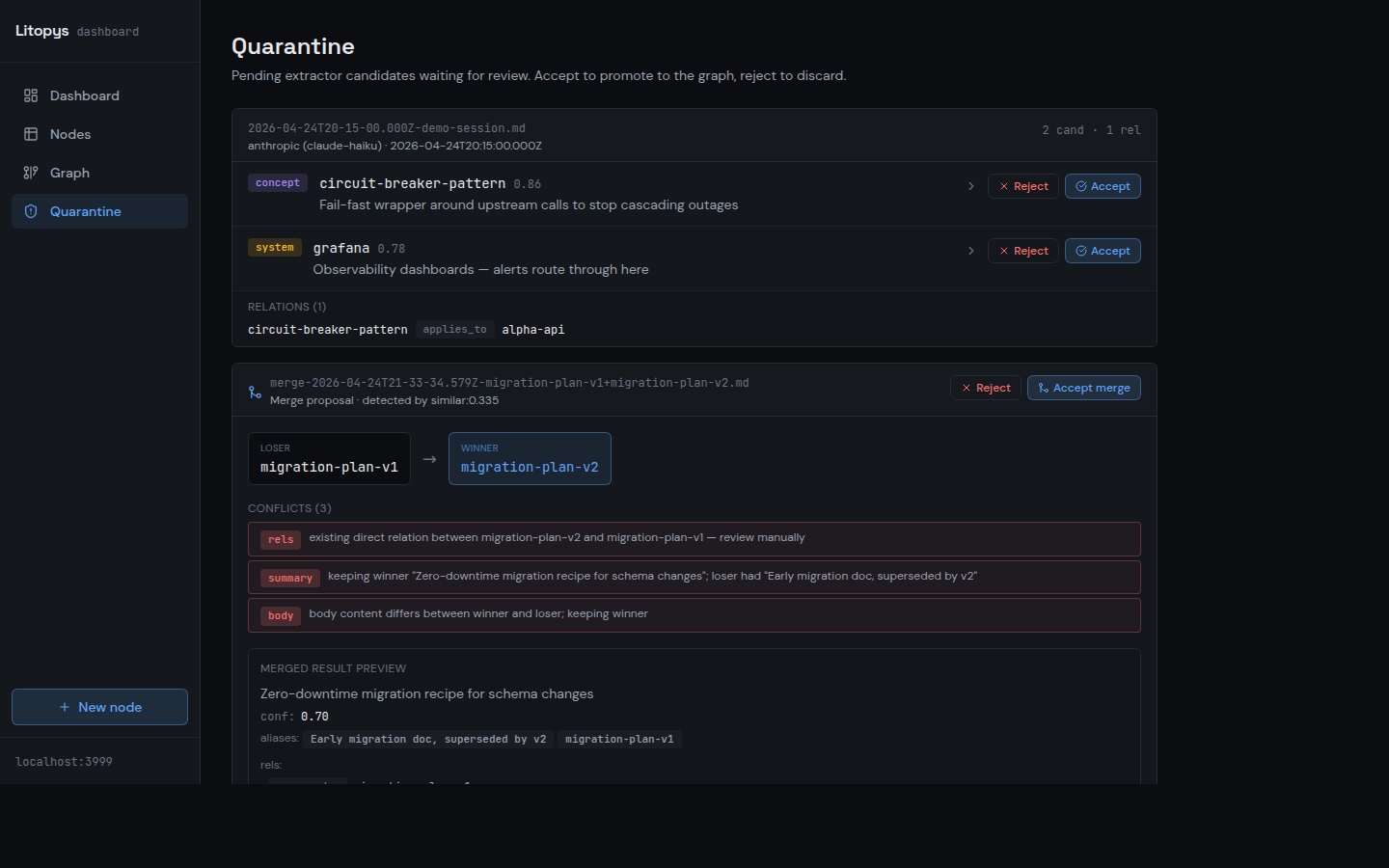 Quarantine — pending extractor candidates + merge proposals