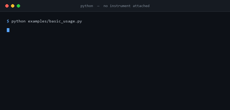 Terminal recording of four example scripts — basic_usage, math_channels, measurement_badges_example and screen_capture_example — running one after another against the built-in mock scope with no instrument attached