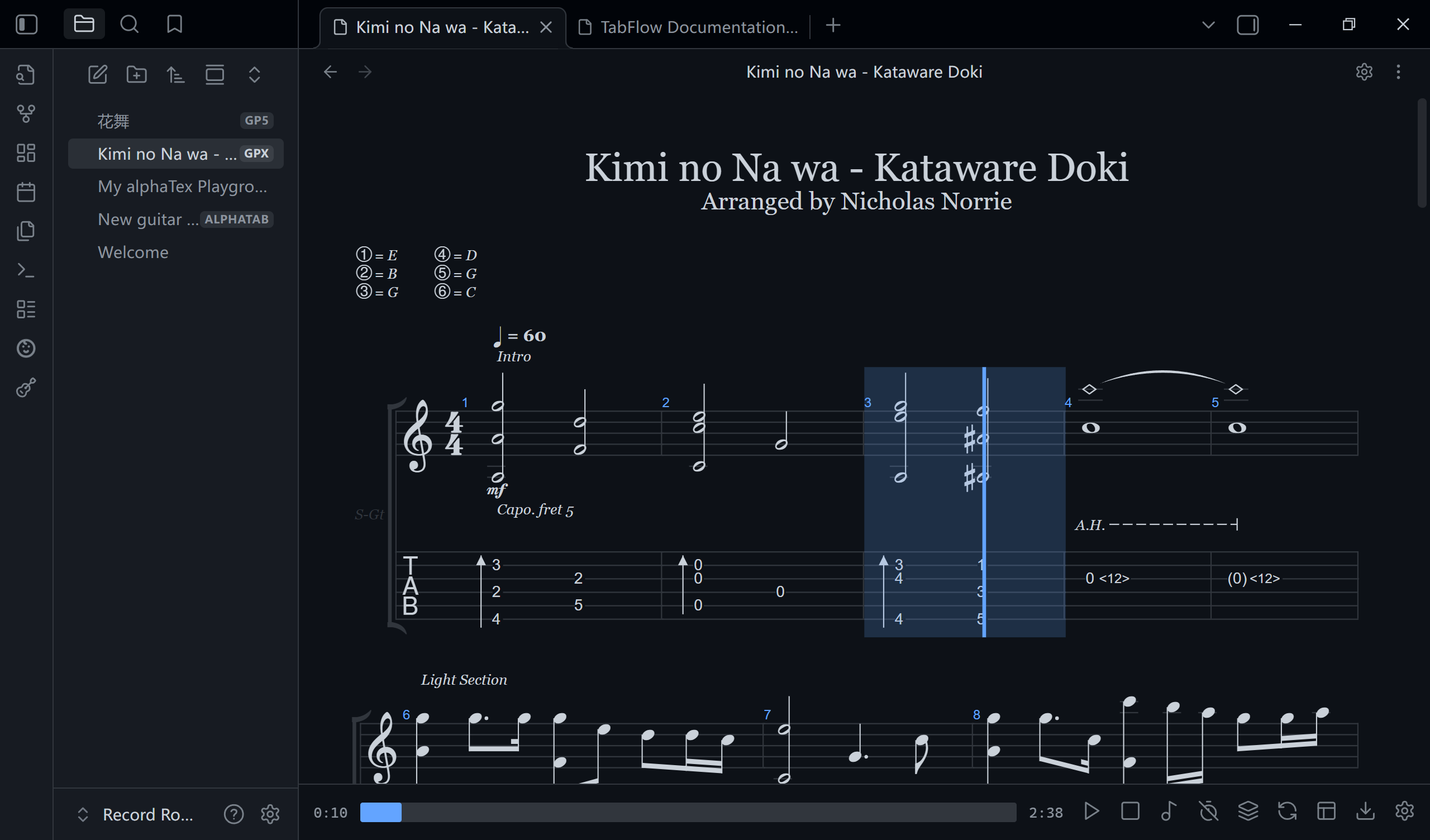 Tab Flow player rendering a Guitar Pro score