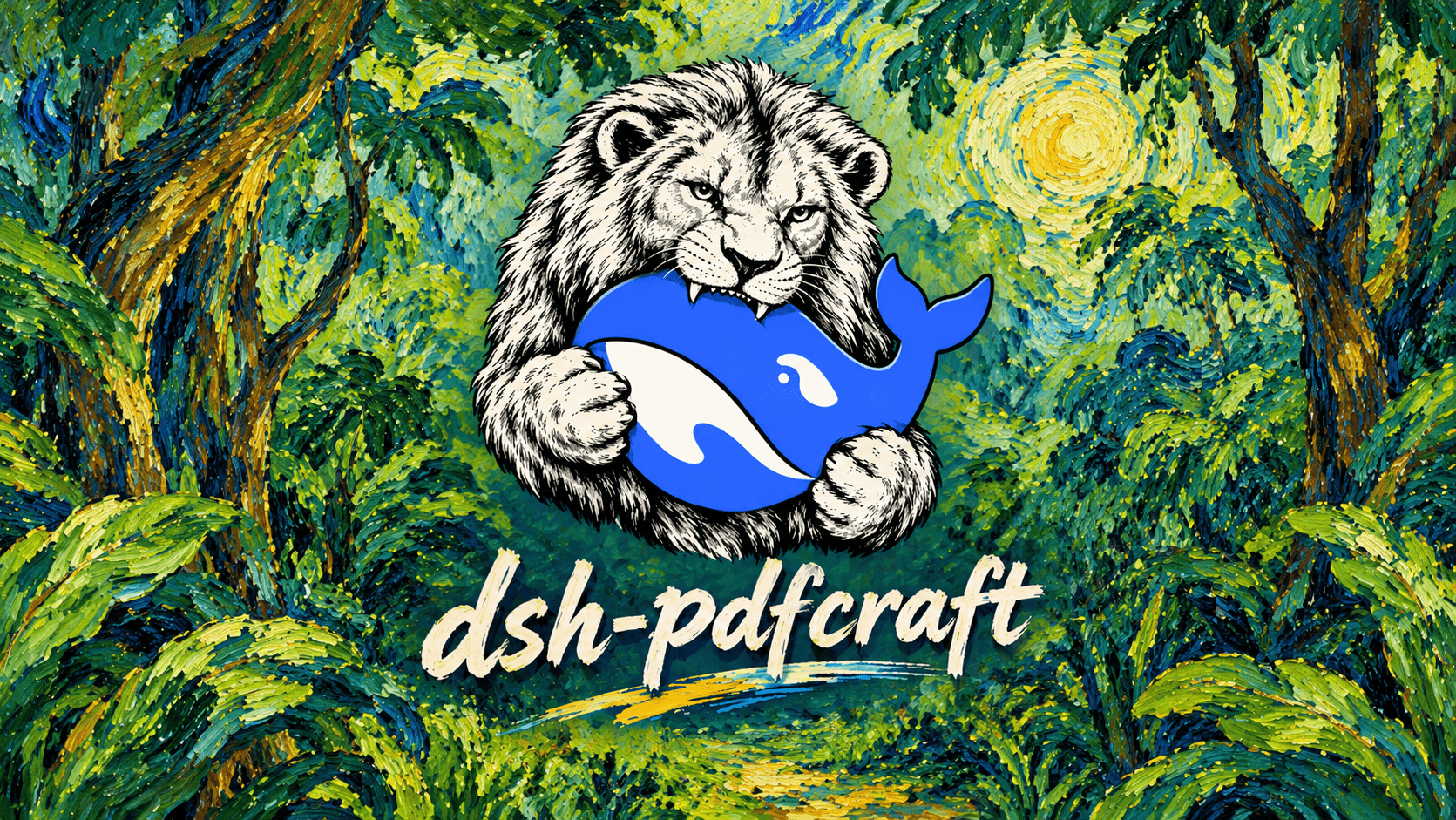 dsh-pdfcraft banner: a lion carrying a whale through a painted jungle