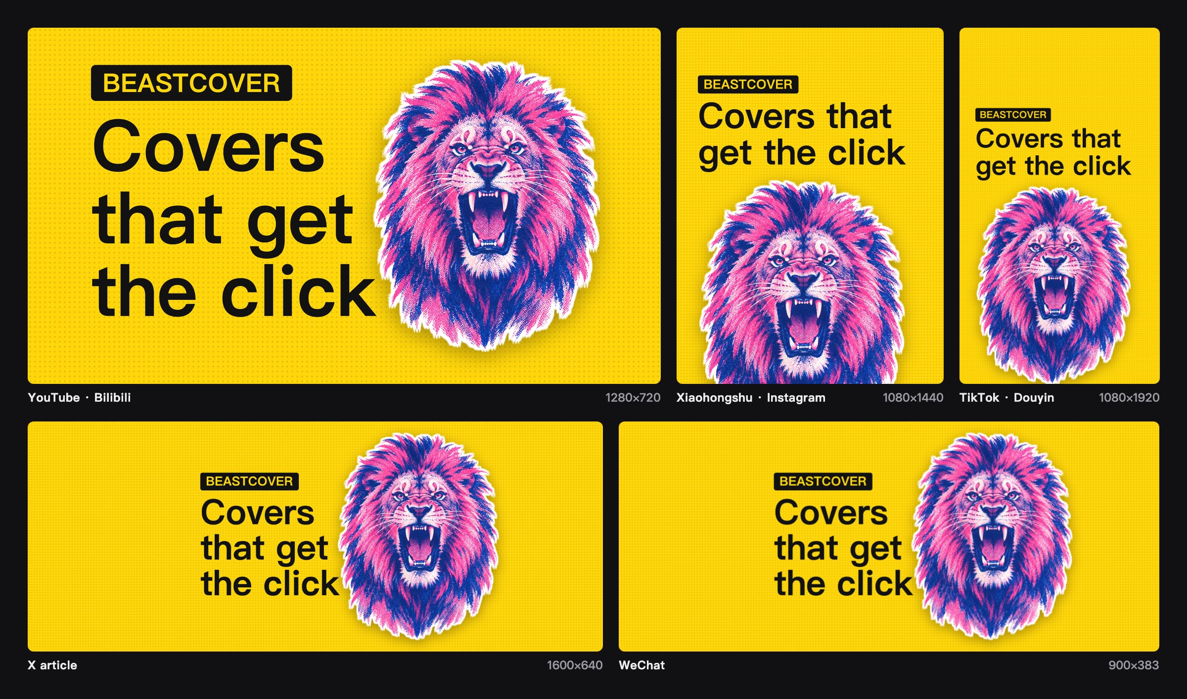 One poster cover with a roaring lion, cut for YouTube, Xiaohongshu, TikTok, the X header, and WeChat from the same headline