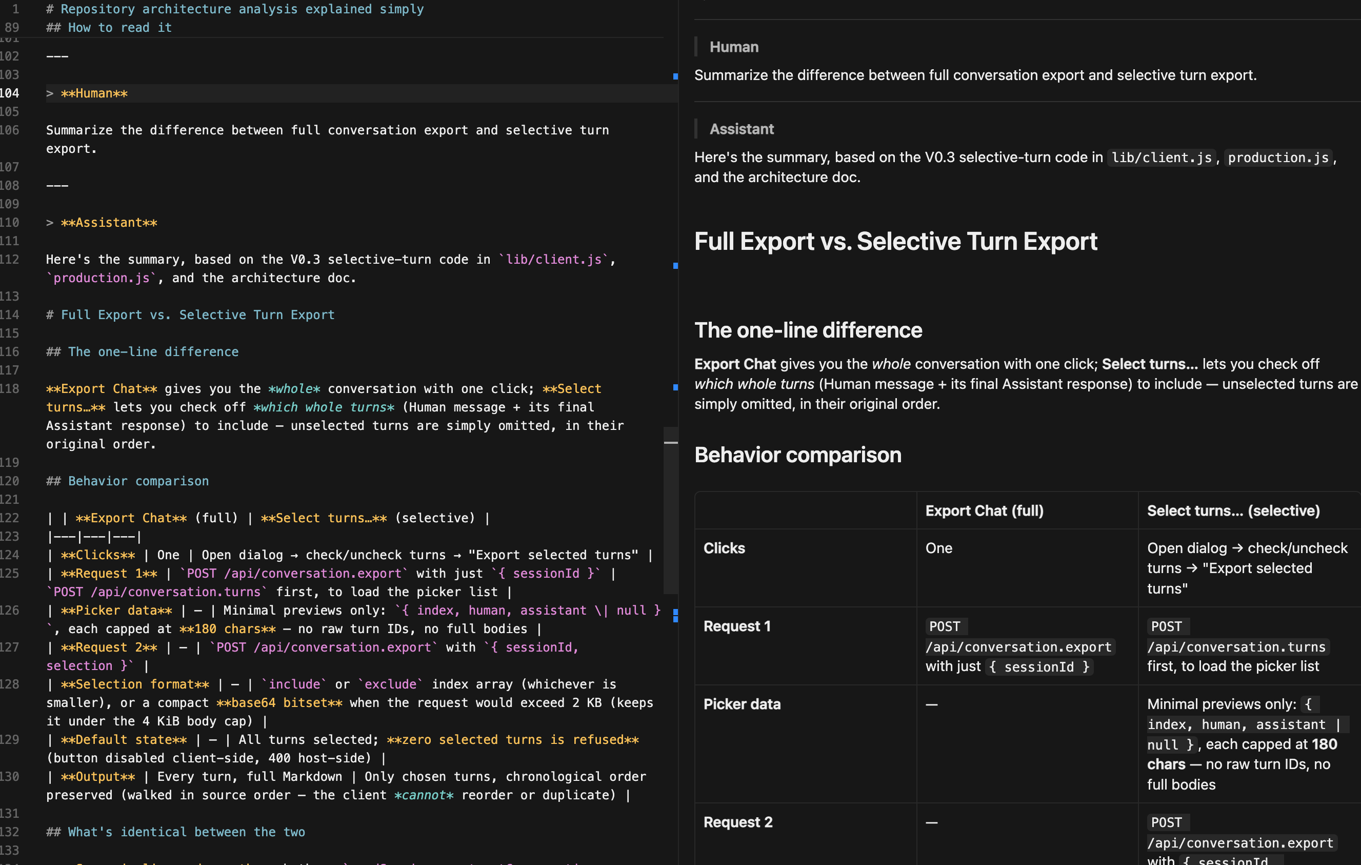 Selective export result
