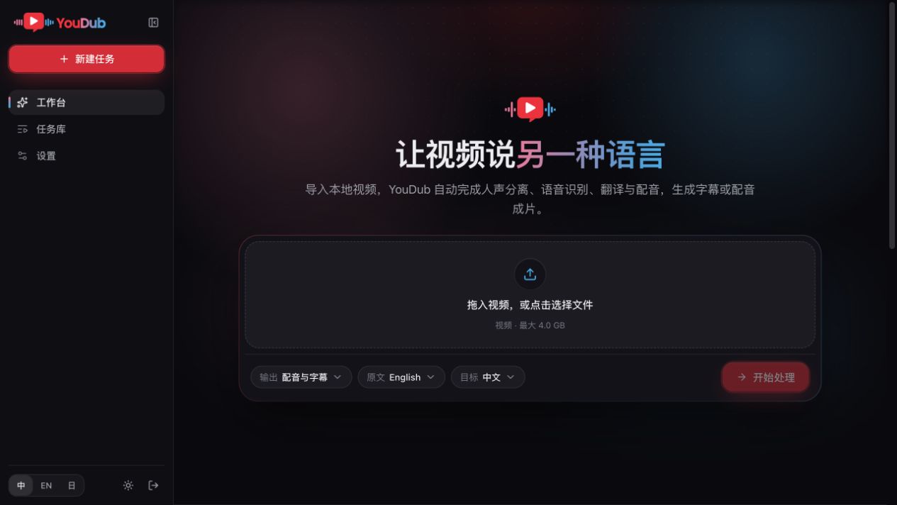 YouDub 工作台：视频导入、原文与目标语言、配音与字幕选项
