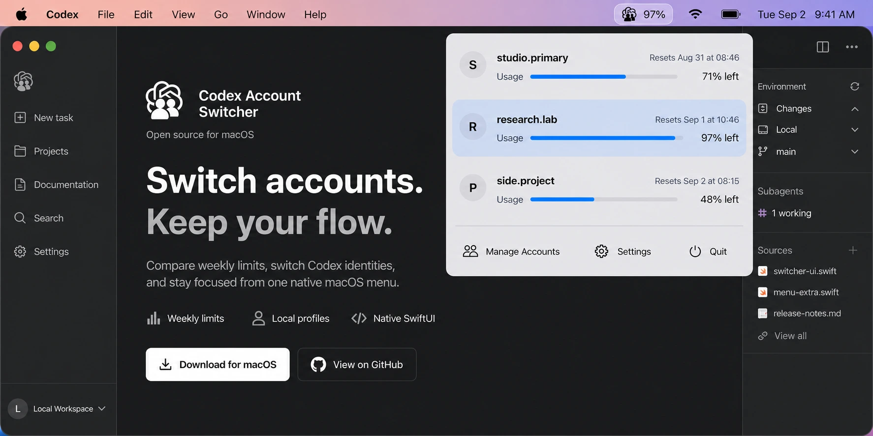 Codex Account Switcher native macOS menu