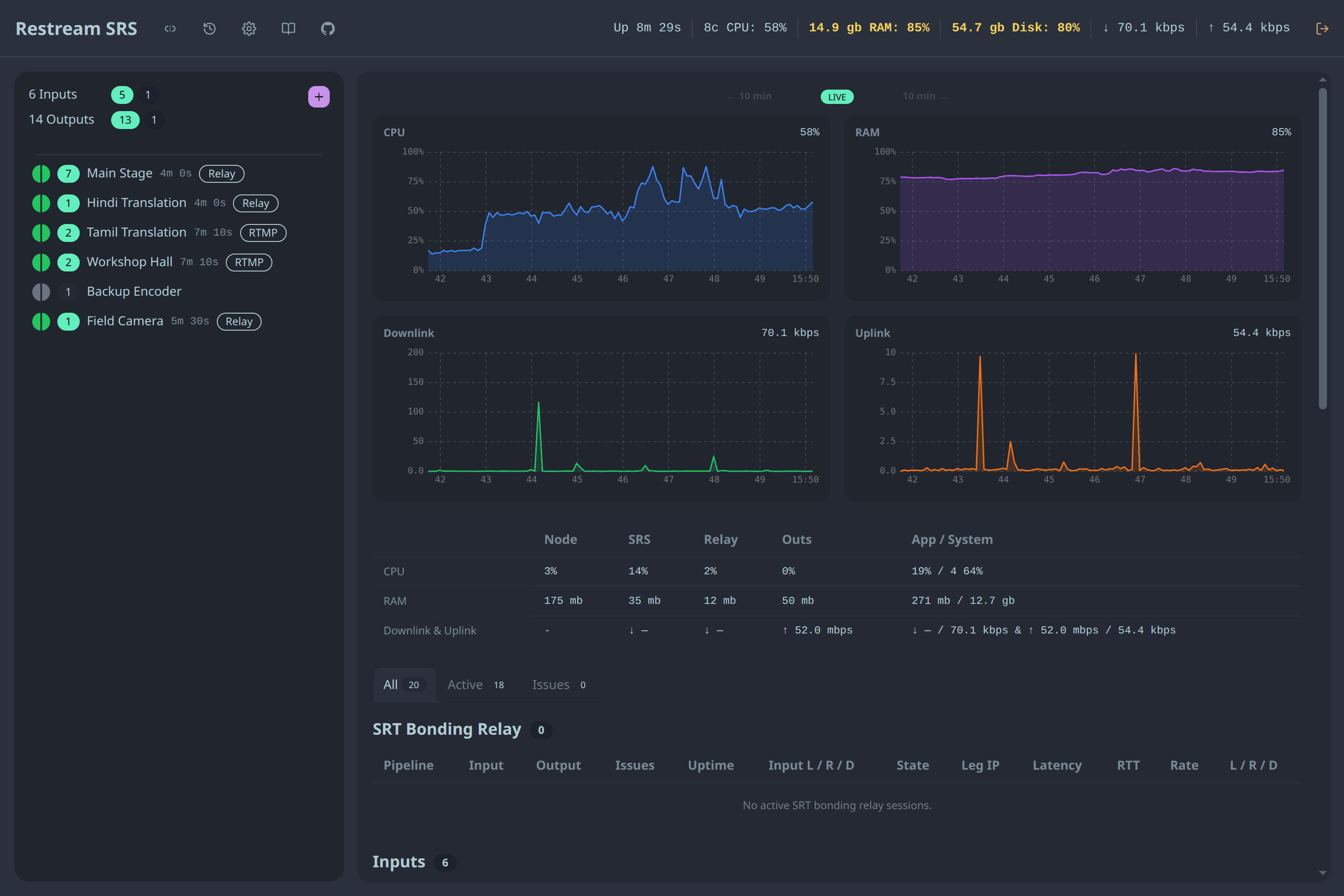 Overview page with host charts and per-process resources
