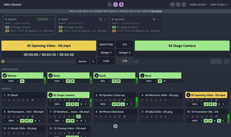 Quick Play on the master starts the video on all three grouped vMix systems