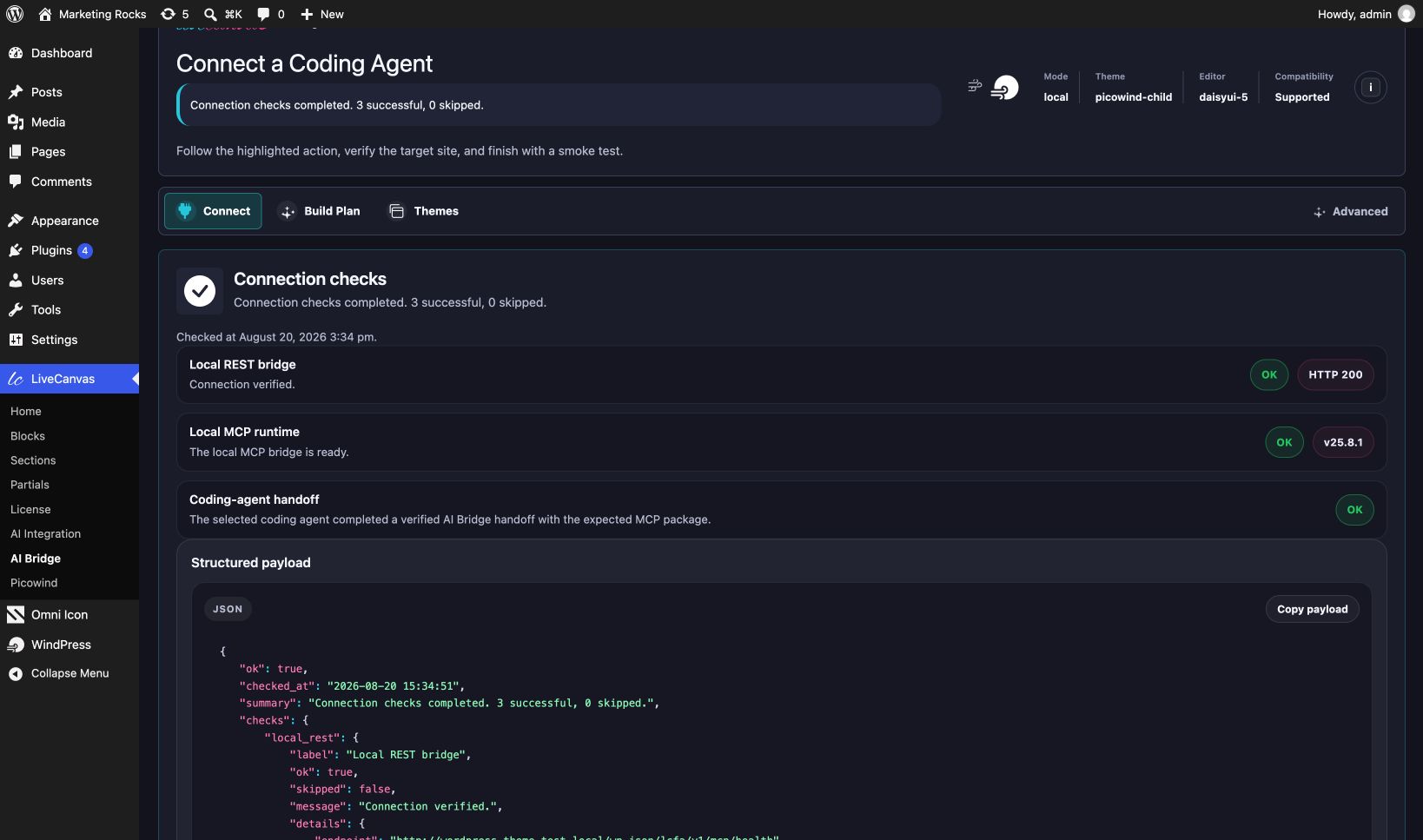 AI Bridge connection checks showing successful REST, MCP runtime and Cursor handoff results